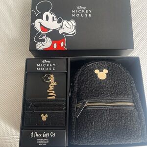 Disney black & Gold mickey backpack, wallet & keychain